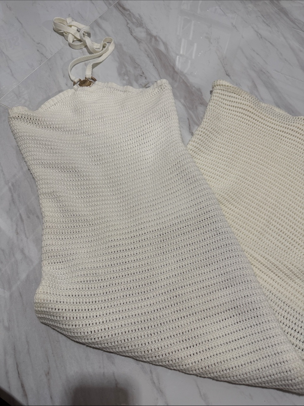 JLUXLABEL Cream Crochet Halter Knit Sweater Dress